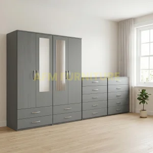 4 DOOR WARDROBE WITH 2 CHEST OF DRAWERS BEDROOM SET (Fully Assembled)