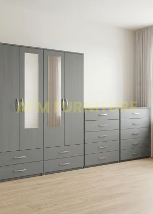 4 DOOR WARDROBE WITH 2 CHEST OF DRAWERS BEDROOM SET (Fully Assembled)